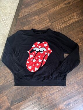 The Rolling Stones Black Sweatshirt with Red Heart Tongue Graphic